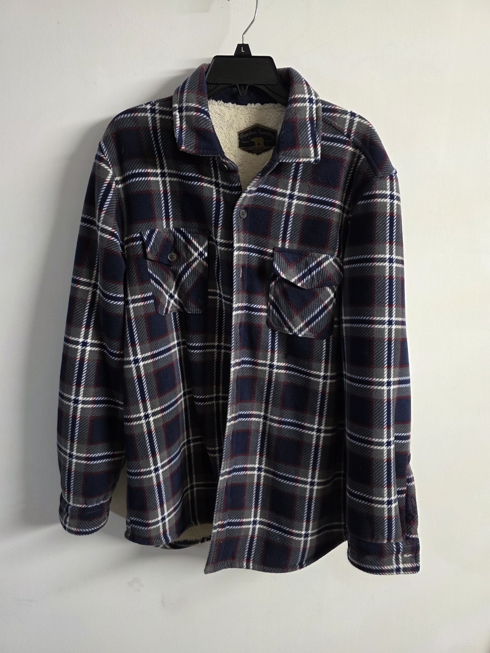 Freedom Foundry Mens Large Gray/Blue Plaid Fleece Faux Sherpa Lined Shirt Jacket